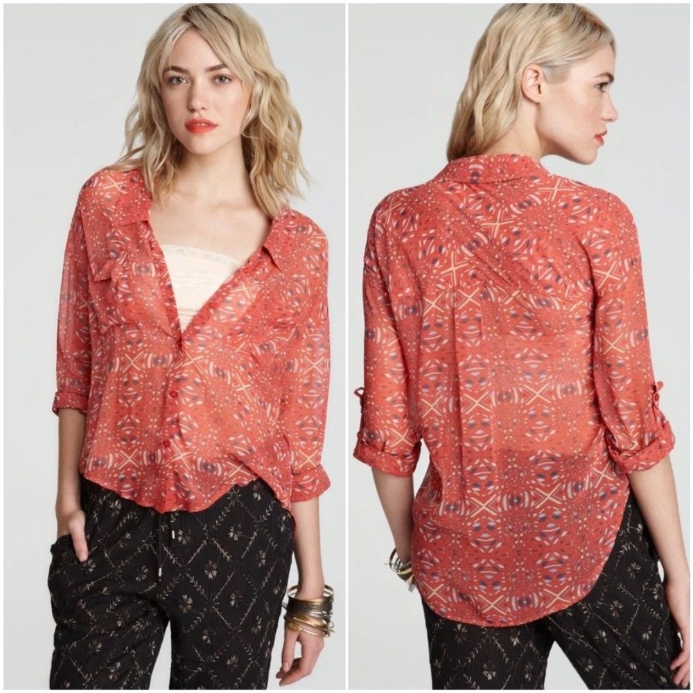 FREE PEOPLE EASYRIDER SHEER GEOMETRIC PRINT LONG SLEEVE BUTTON DOWN SHIRT SMALL